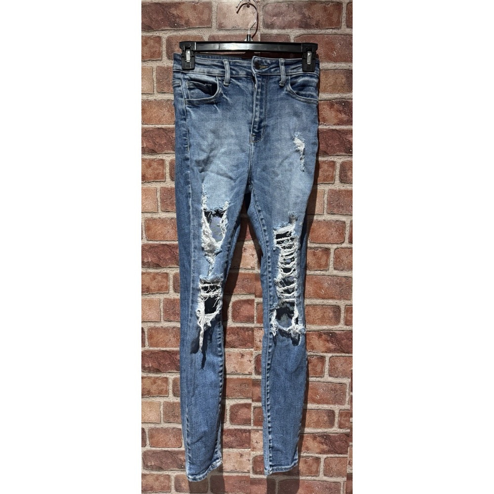 Cello Blue Denim Jeans Women's Size 1 Distressed Skinny Mid Rise DarkWash Skinny